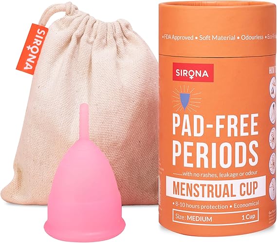 Pink menstrual cup with Sirona packaging and drawstring bag on a white background