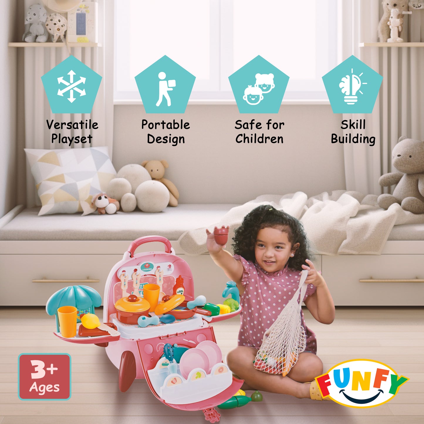 FUNFY 2-in-1 Portable Backpack Toy Kitchen Playset | Multicolor | Material : Plastic | Cooking Utensils, Pots, Fruits And Vegetables | Skill-Building | Role Playing Game | For Kids