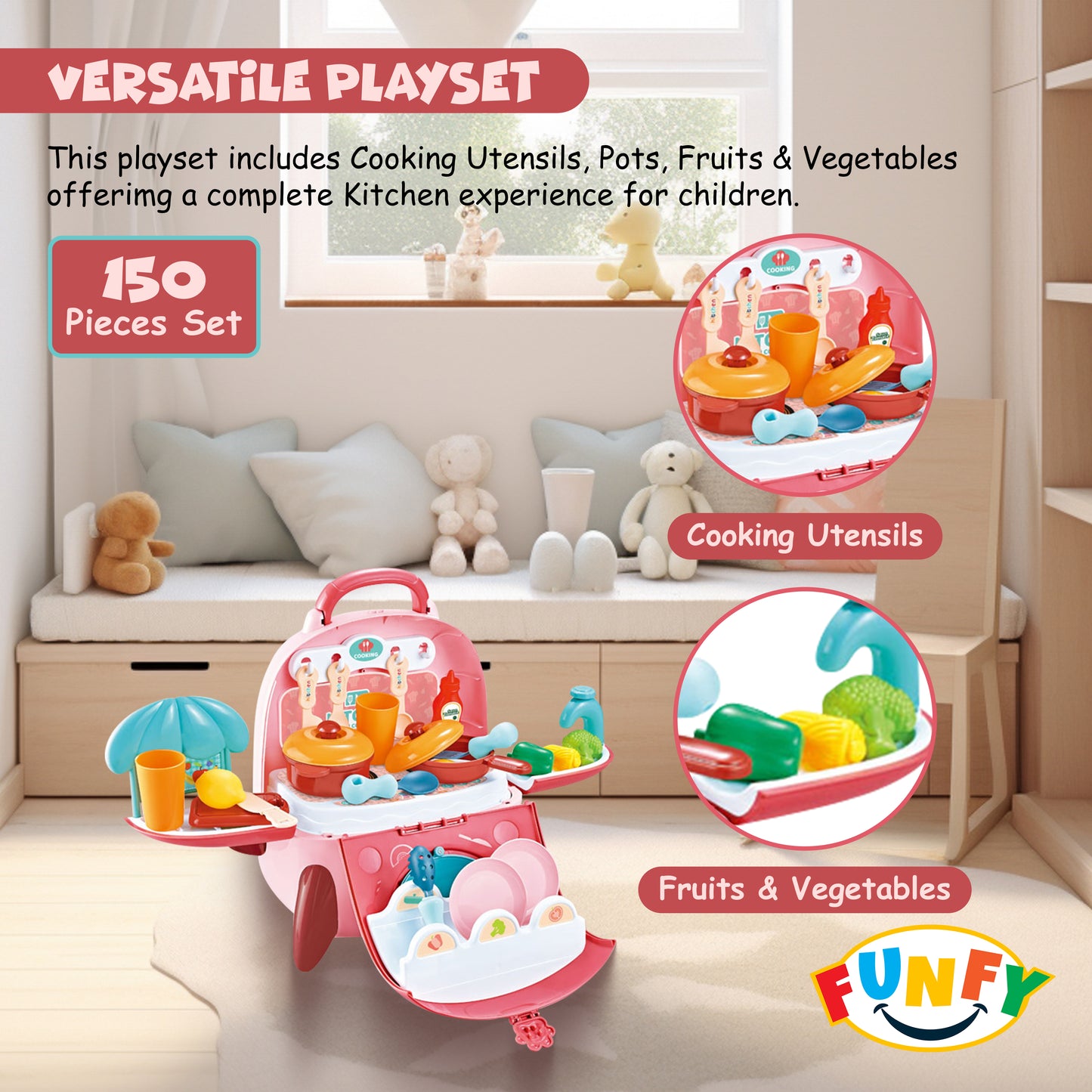 FUNFY 2-in-1 Portable Backpack Toy Kitchen Playset | Multicolor | Material : Plastic | Cooking Utensils, Pots, Fruits And Vegetables | Skill-Building | Role Playing Game | For Kids