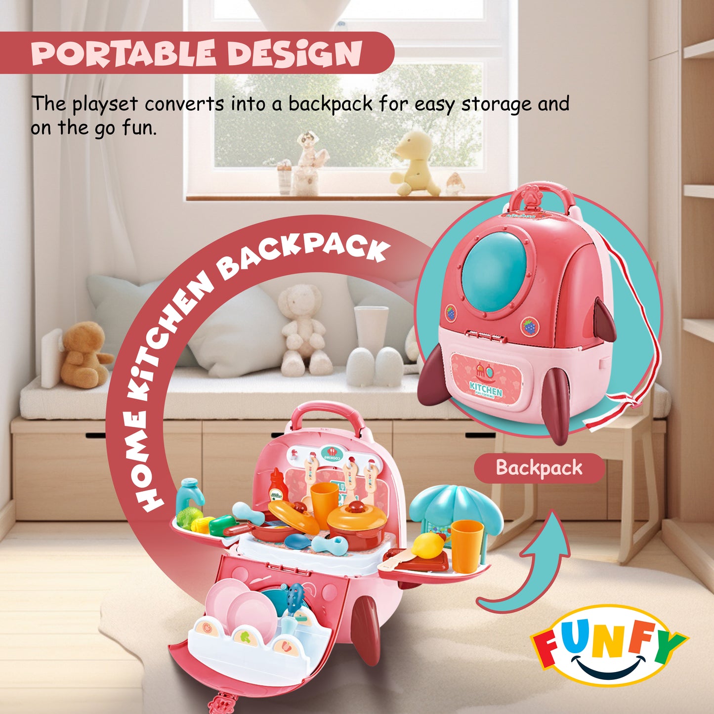 FUNFY 2-in-1 Portable Backpack Toy Kitchen Playset | Multicolor | Material : Plastic | Cooking Utensils, Pots, Fruits And Vegetables | Skill-Building | Role Playing Game | For Kids