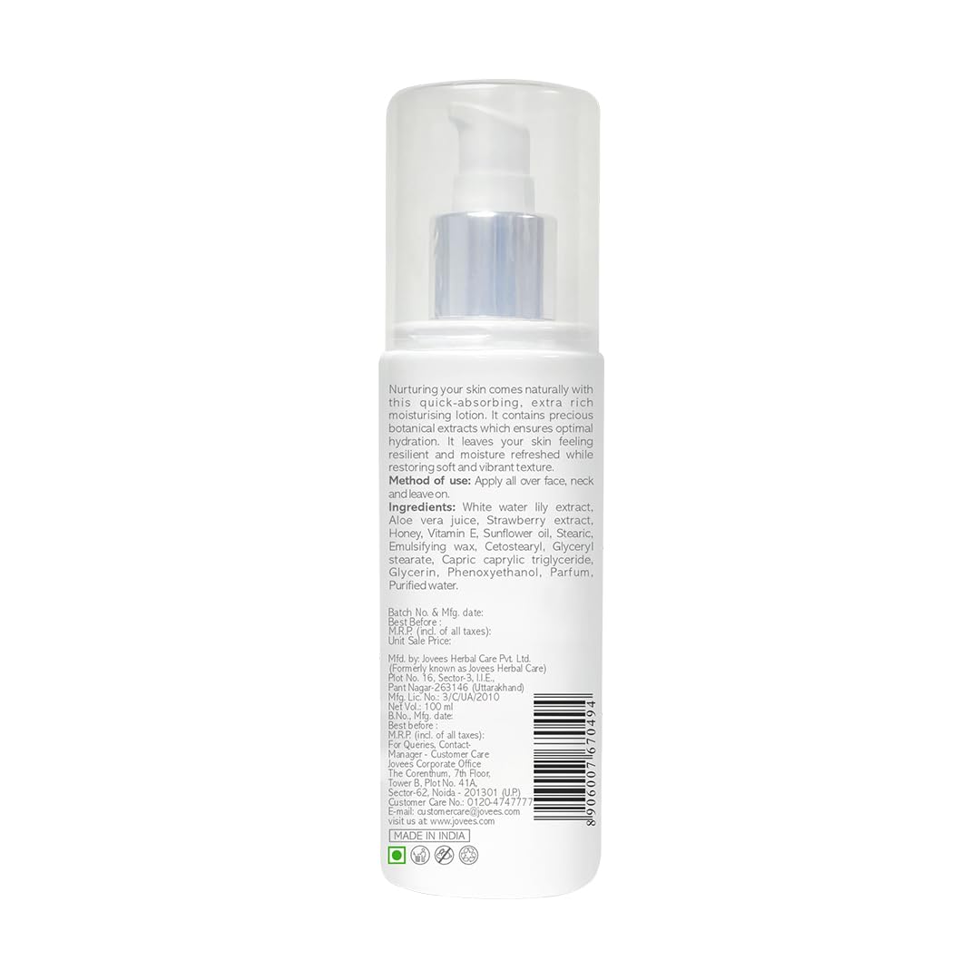Jovees White Water Lily Moisturizing Lotion (100ml) For Normal to Dry Skin | Lightweight, Non - Sticky, Optimum Moisturization | Aloe Vera Juice | Strawberry Extract | 100% Natural