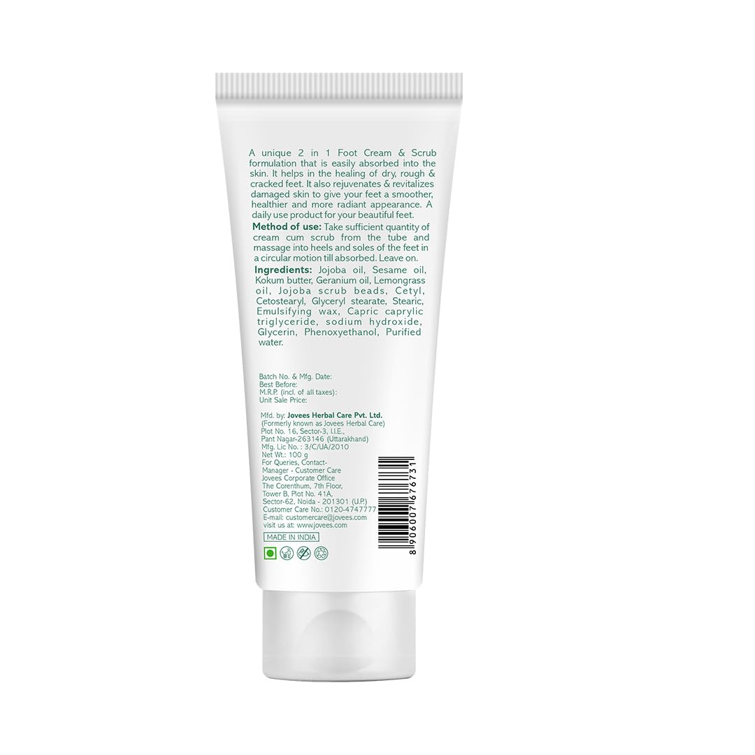 Jovees Foot Care Cream & Scrub (100gm) Unique 2 - in - 1 Formula | With Jojoba, Lemongrass & Rosemary Extract | Massage | Smoother | Hydrates & Prevents Cracked Heels