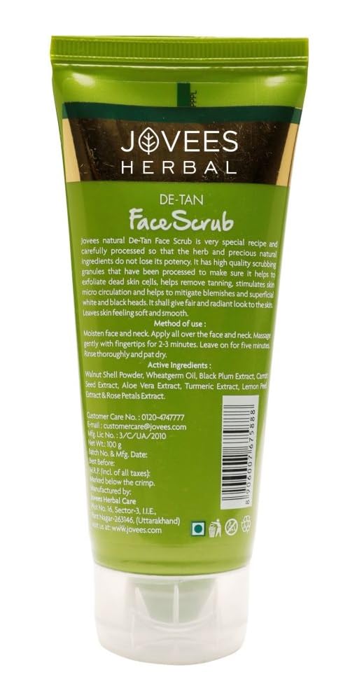 Jovees Detan Face Scrub With SPF (100gm) Contains Turmeric, Aloe Vera, Black Plum Extracts | Gently Removes Dead Skin | Removes Tanning | For All Skin Types