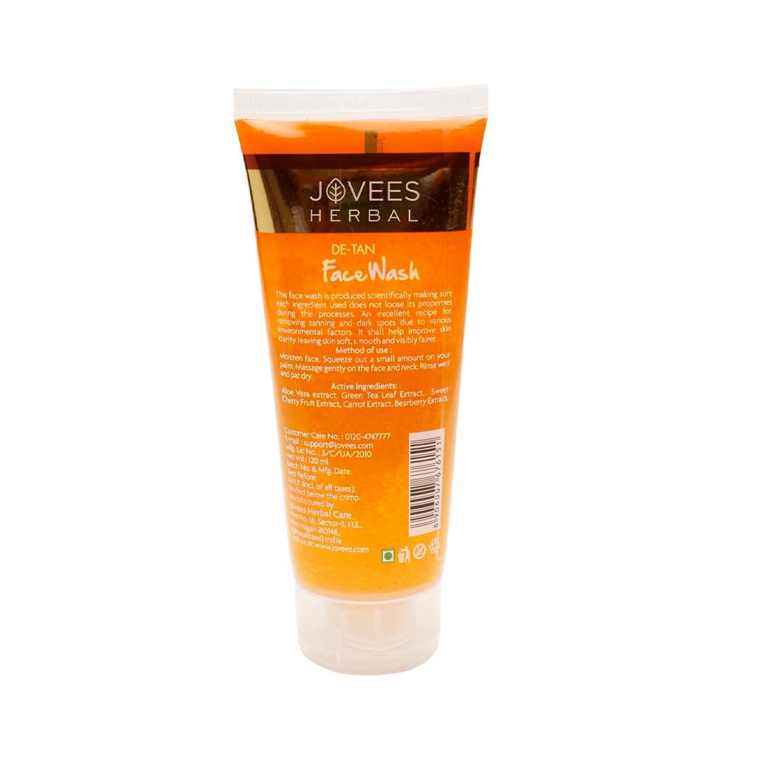 Jovees De-tan Face Wash (120ml) Tan Removal, Brightening and Glowing Skin | 100% Natural | Exfoliating and Clarifying | Aloe Vera Green Tea Leaf | Anti - Ageing | For Women & Men