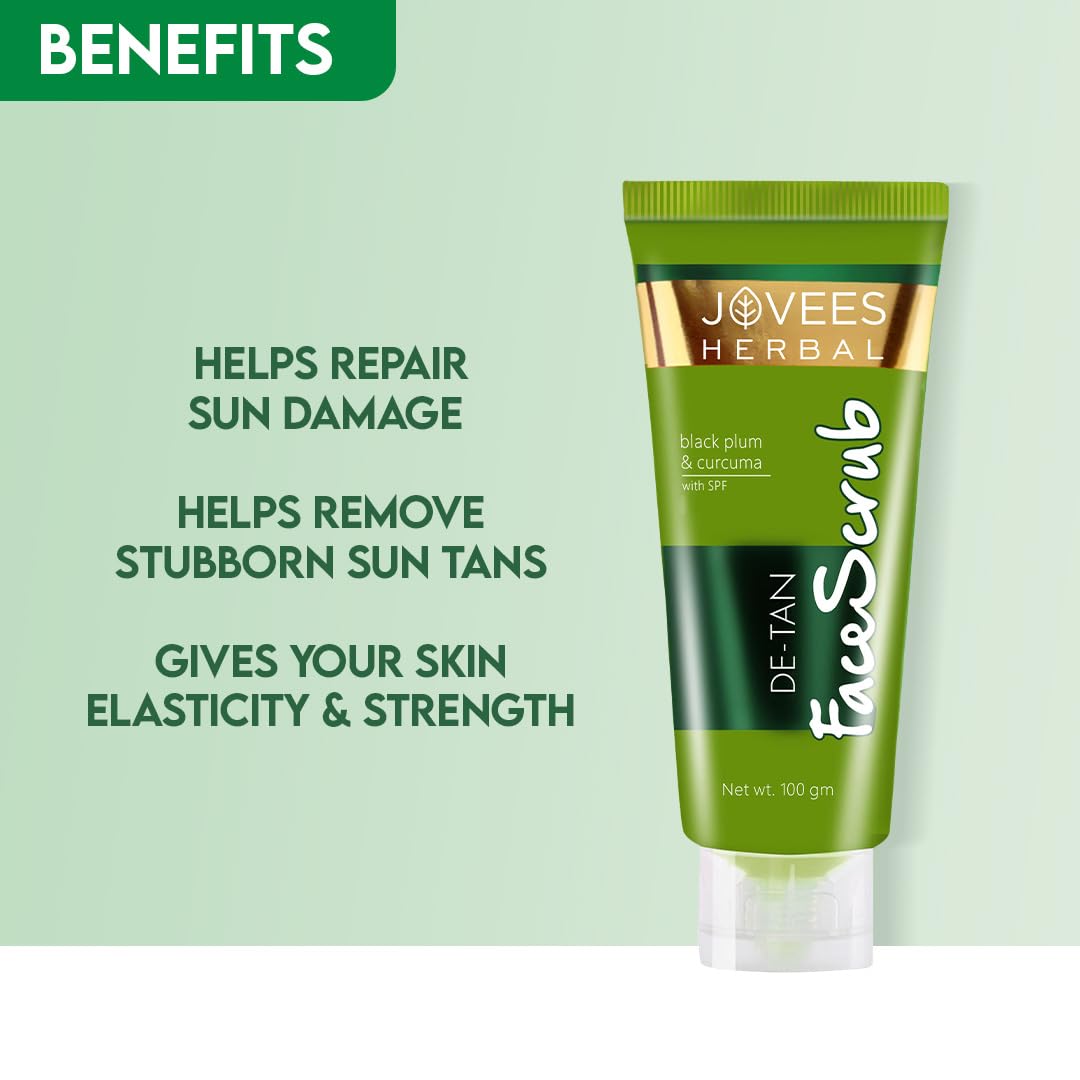 Jovees Detan Face Scrub With SPF (100gm) Contains Turmeric, Aloe Vera, Black Plum Extracts | Gently Removes Dead Skin | Removes Tanning | For All Skin Types
