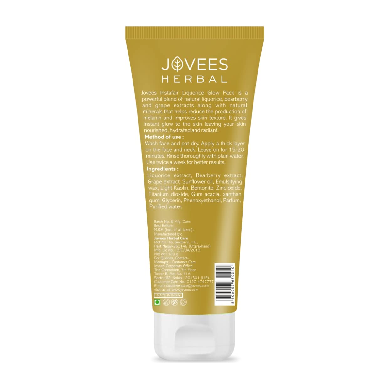 Jovees Herbal Insta Fair Liquorice Clay Pack For Brighter Glowing Skin (120gm) Bearberry & Multani Mitti | Blackheads | Dead Skin Cells | Healthy Glow | All Skin Types | Paraben & Alcohol Free
