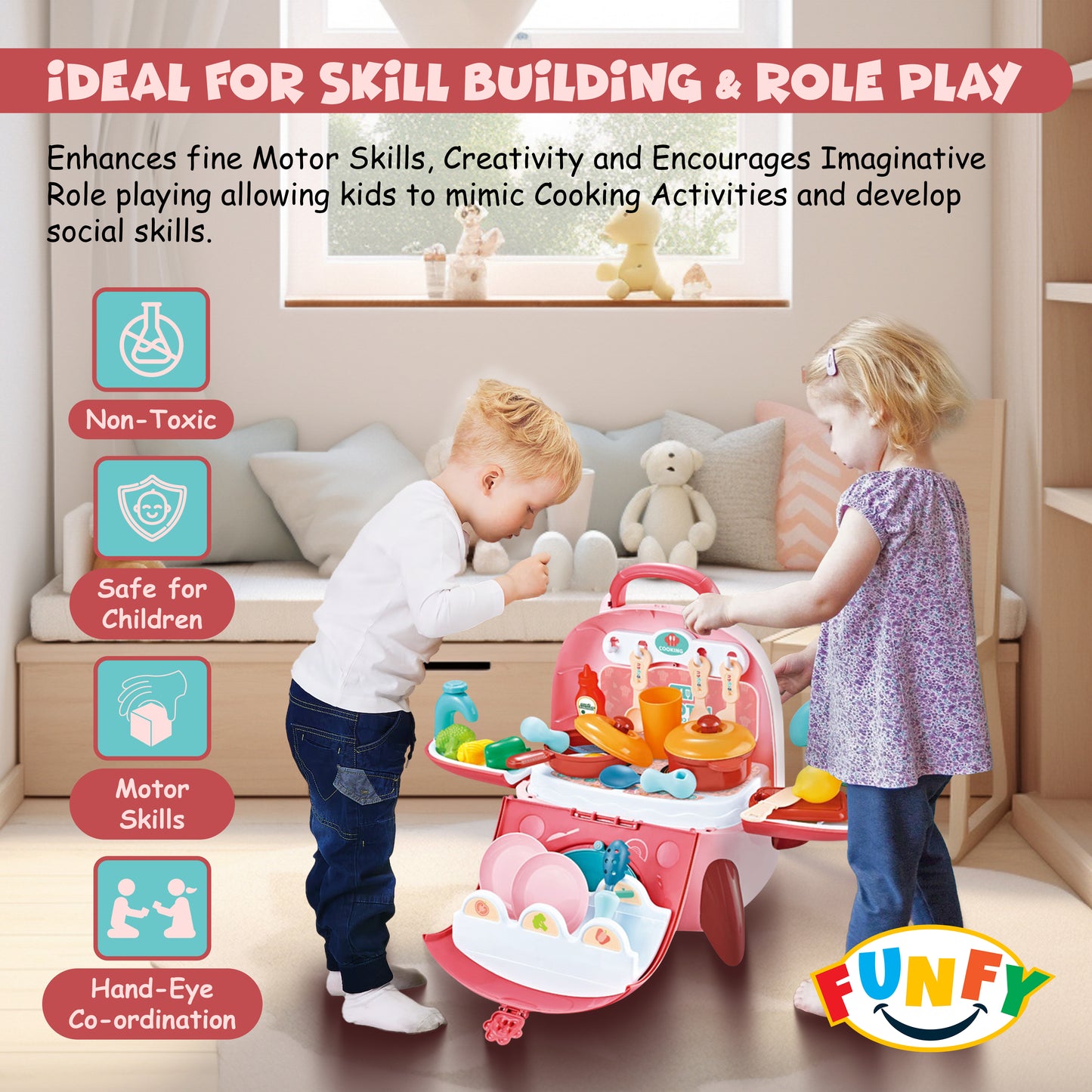 FUNFY 2-in-1 Portable Backpack Toy Kitchen Playset | Multicolor | Material : Plastic | Cooking Utensils, Pots, Fruits And Vegetables | Skill-Building | Role Playing Game | For Kids