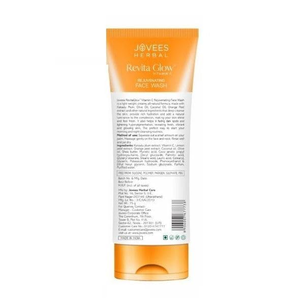 Jovees Herbal Vitamin C Face Wash (75gm) Revita Glow | Vitamin C Rejuvenating Facewash | Lightening | Brightening | Anti - Ageing | Infused with Kakadu Plum and Olives | All Skin Types