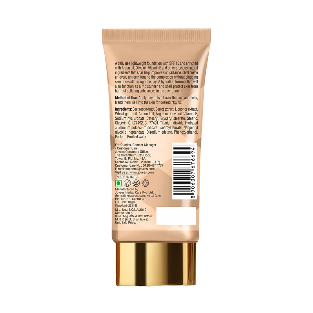Jovees Face Natural Glow Silk Foundation (30gm) Hydrating | Flawless With Suncream (SPF 15) Moisturizer | Argan & Almond Oil | All Skin Types