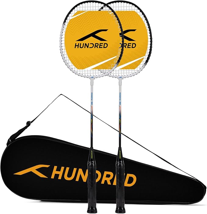 HUNDRED Powertek 100 (Set of 2) Badminton Racquet with Full Cover | Strung | Material: Aluminium | Maximum Tension: 16-18lbs | for Intermediate player