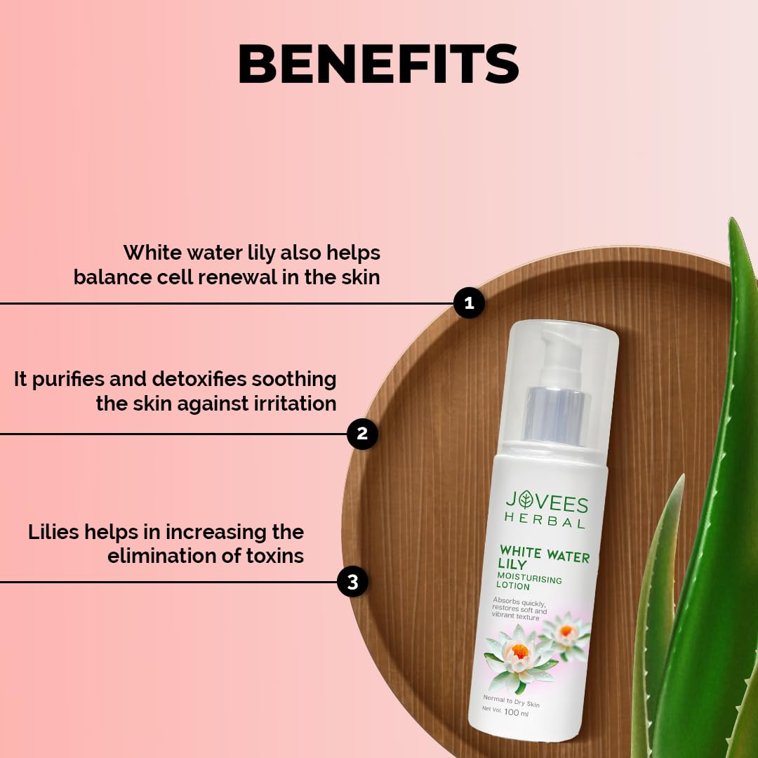 Jovees White Water Lily Moisturizing Lotion (100ml) For Normal to Dry Skin | Lightweight, Non - Sticky, Optimum Moisturization | Aloe Vera Juice | Strawberry Extract | 100% Natural