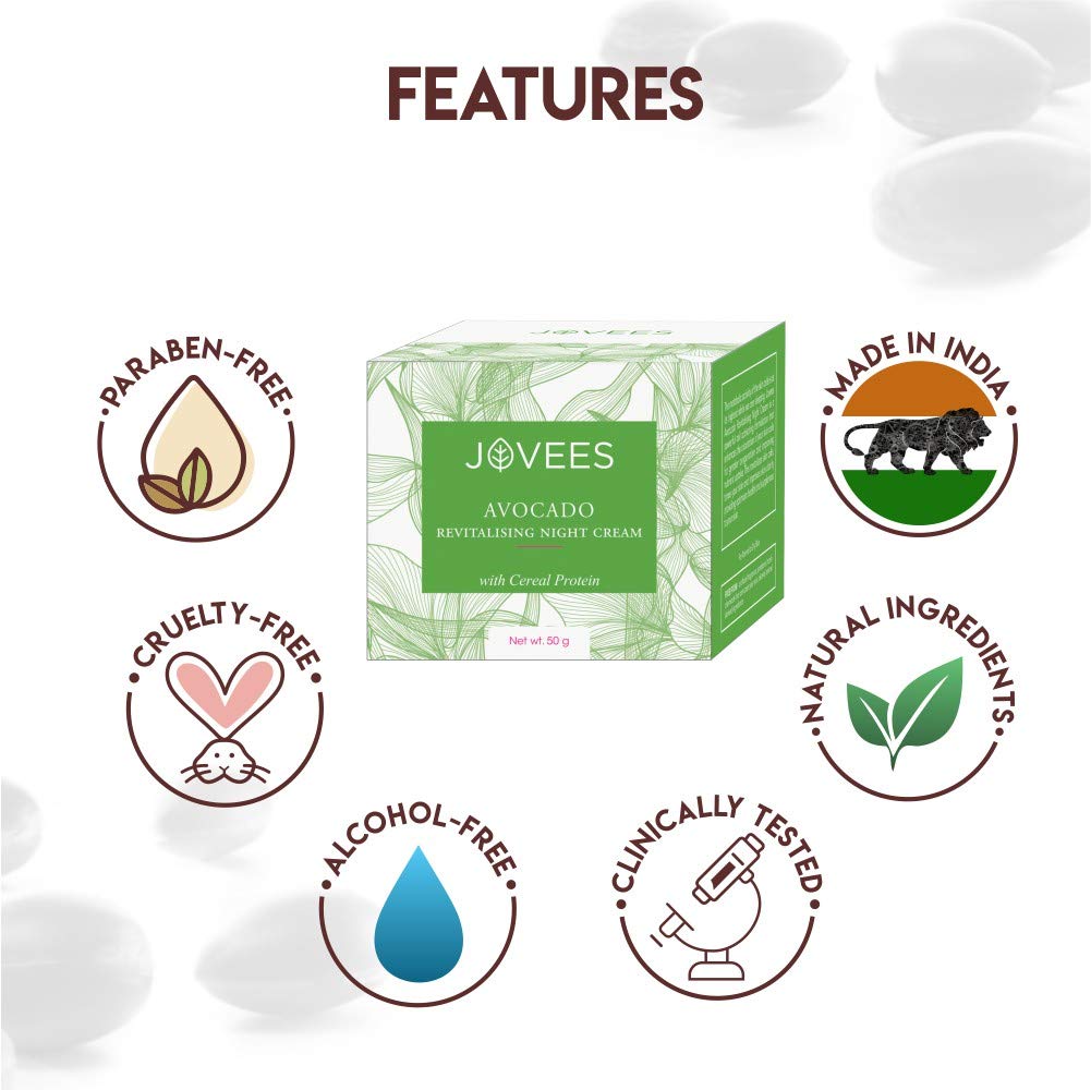 Jovees Night Cream with Avocado for Younger and Glowing (50gm) With Cereal Protein | Revitalising | Refreshes | Relax | Jojoba & Almond Oil | All Skin Types