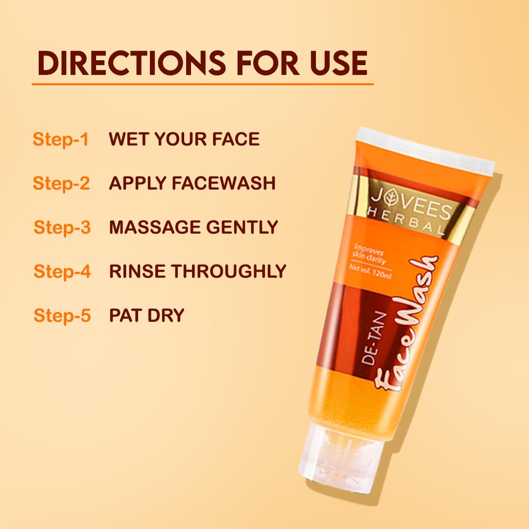 Jovees De-tan Face Wash (120ml) Tan Removal, Brightening and Glowing Skin | 100% Natural | Exfoliating and Clarifying | Aloe Vera Green Tea Leaf | Anti - Ageing | For Women & Men