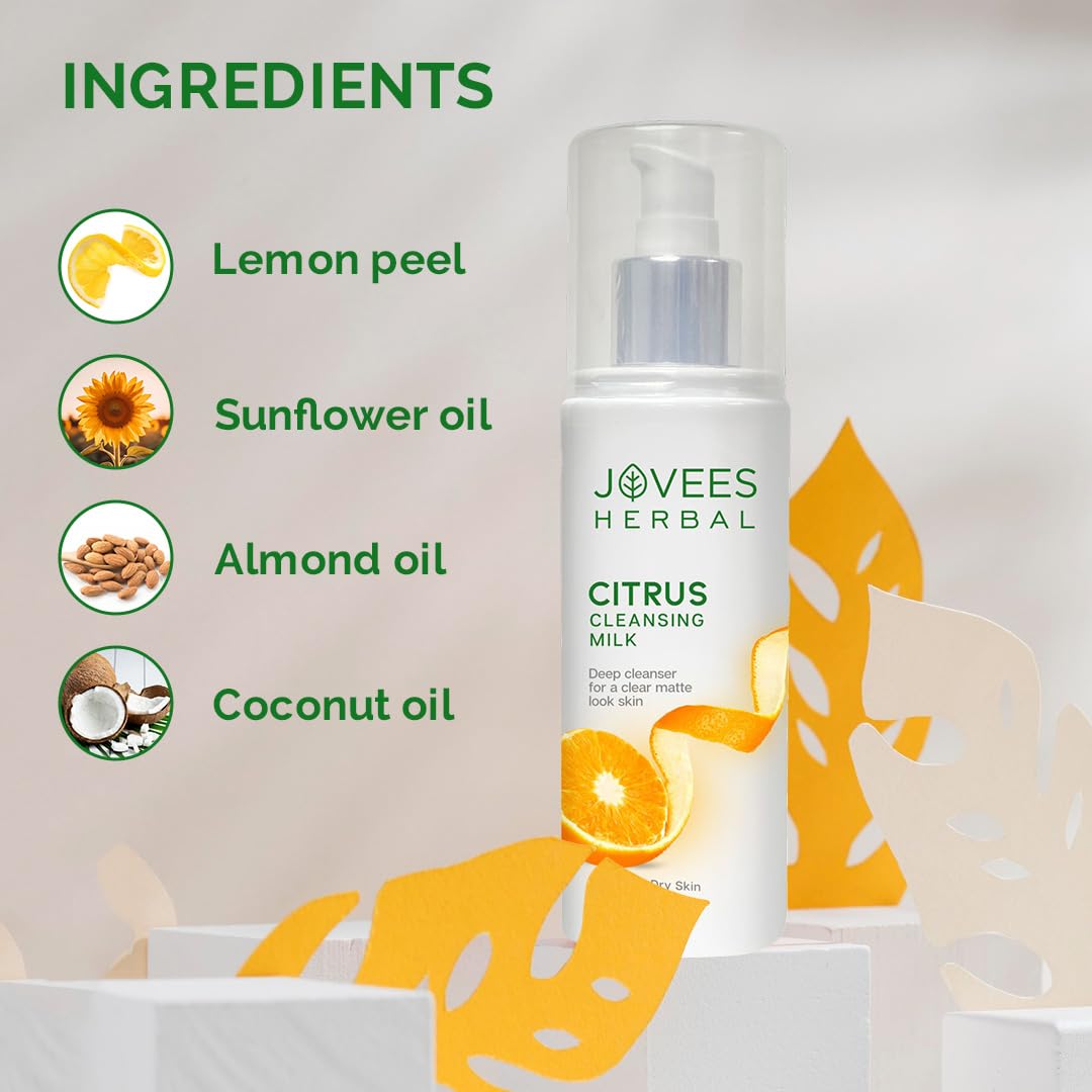 Jovees Herbal Citrus Cleansing Face Wash (200ml) Milk with Lemon Peel Extract, Almond & Coconut Oil | Glowing | Brightening | Refreshing | Lemon Peel & Sunflower Oil | For Normal & Dry Skin