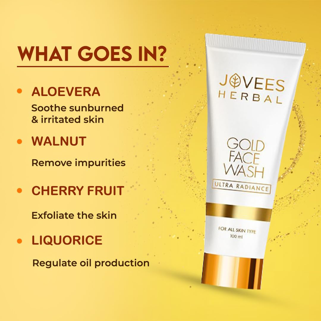 Jovees Ultra Radiance Gold Face Wash (100ml) Gives Nourished & Hydrated Skin | Reduce Dark Spot And Improves Skin Texture | Anti - Ageing For All Skin Types | Daisy Flower & Beet Root Extract