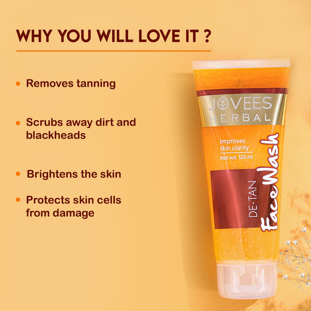 Jovees De-tan Face Wash (120ml) Tan Removal, Brightening and Glowing Skin | 100% Natural | Exfoliating and Clarifying | Aloe Vera Green Tea Leaf | Anti - Ageing | For Women & Men