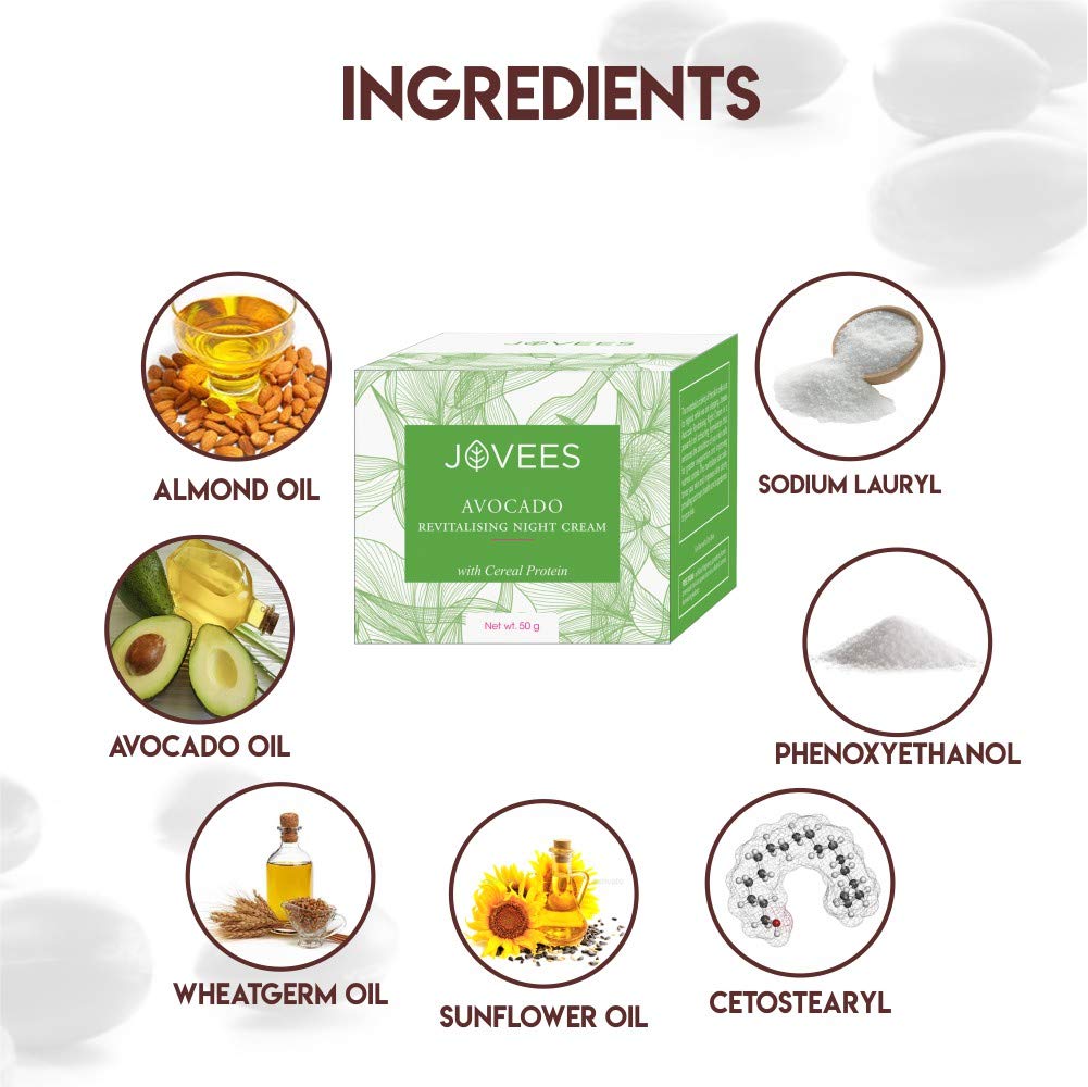 Jovees Night Cream with Avocado for Younger and Glowing (50gm) With Cereal Protein | Revitalising | Refreshes | Relax | Jojoba & Almond Oil | All Skin Types