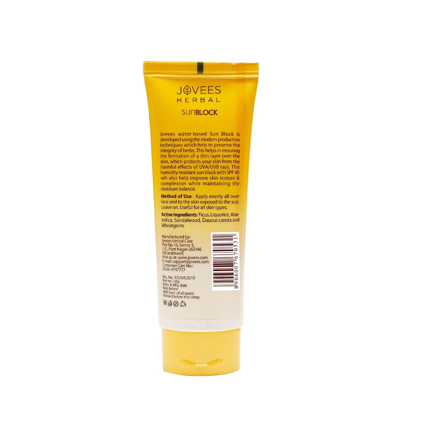 Jovees Herbal Sun Block Sunscreen SPF 45 (20 gms) Lightweight And Water Proof | UVA/UVB Protection, Moisturization | For Dry Skin