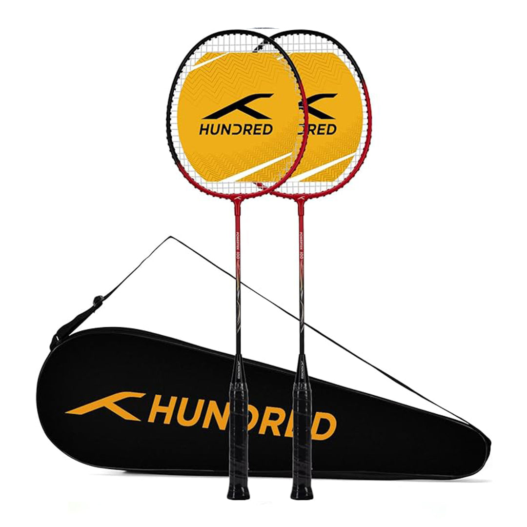 HUNDRED Powertek 100 (Set of 2) Badminton Racquet with Full Cover | Strung | Material: Aluminium | Maximum Tension: 16-18lbs | for Intermediate player