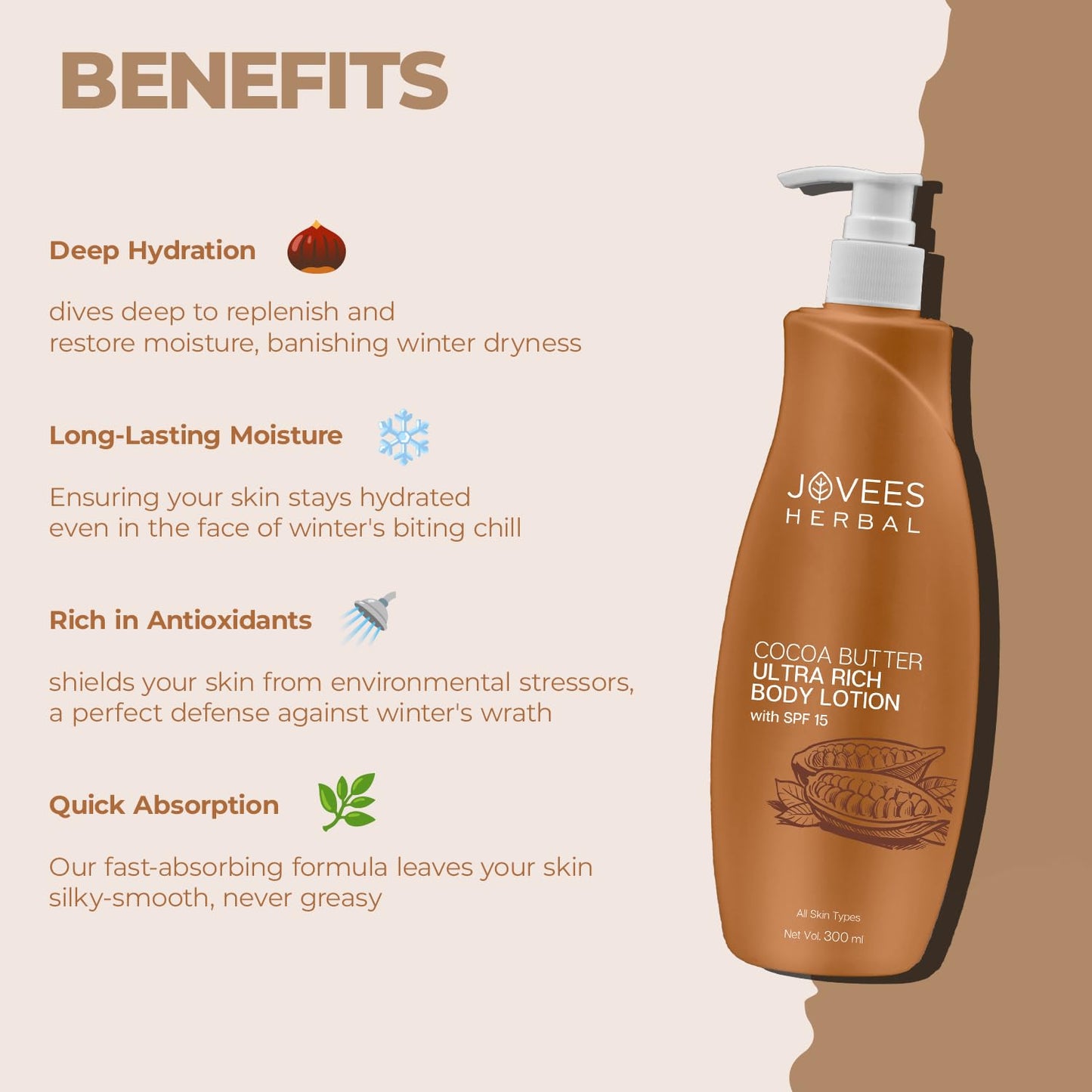 Jovees Cocoa Butter Hand & Body Lotion Ultra Rich (300ml) Hydrate | Glow skin | Anti - ageing | Paraben and Alcohol Free | Avocado | Wheat Germ Oil | Daily Use | All Skin Types