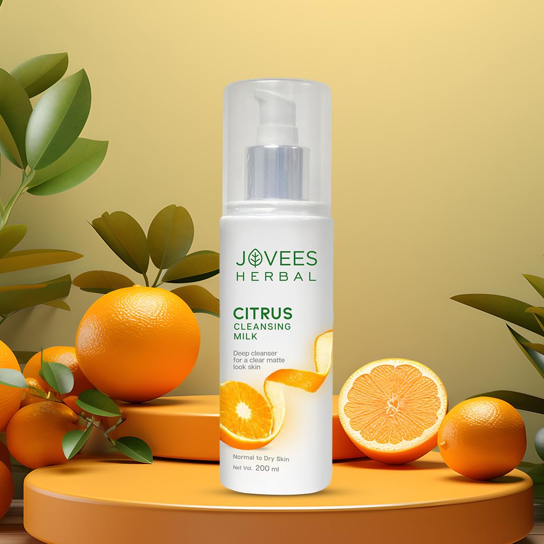 Jovees Herbal Citrus Cleansing Face Wash (200ml) Milk with Lemon Peel Extract, Almond & Coconut Oil | Glowing | Brightening | Refreshing | Lemon Peel & Sunflower Oil | For Normal & Dry Skin