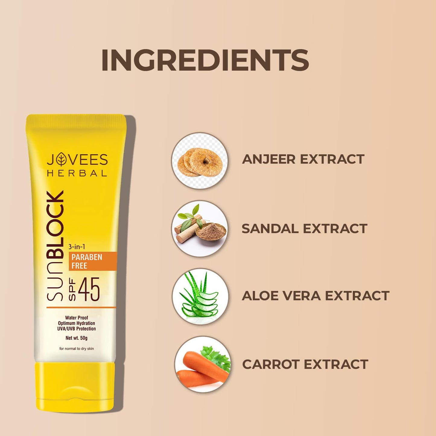 Jovees Herbal Sun Block Sunscreen SPF 45 (20 gms) Lightweight And Water Proof | UVA/UVB Protection, Moisturization | For Dry Skin