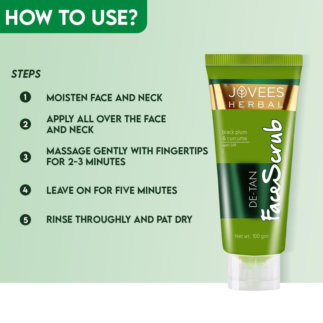 Jovees Detan Face Scrub With SPF (100gm) Contains Turmeric, Aloe Vera, Black Plum Extracts | Gently Removes Dead Skin | Removes Tanning | For All Skin Types