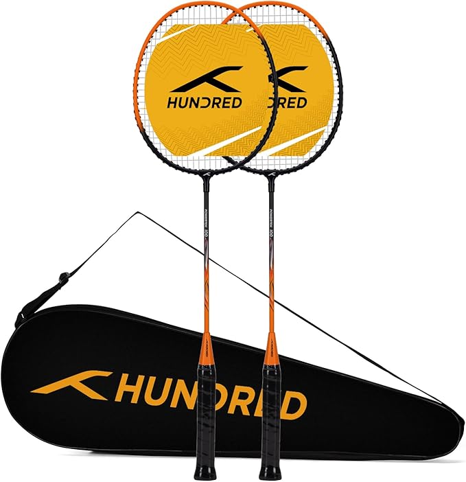 HUNDRED Powertek 100 (Set of 2) Badminton Racquet with Full Cover | Strung | Material: Aluminium | Maximum Tension: 16-18lbs | for Intermediate player