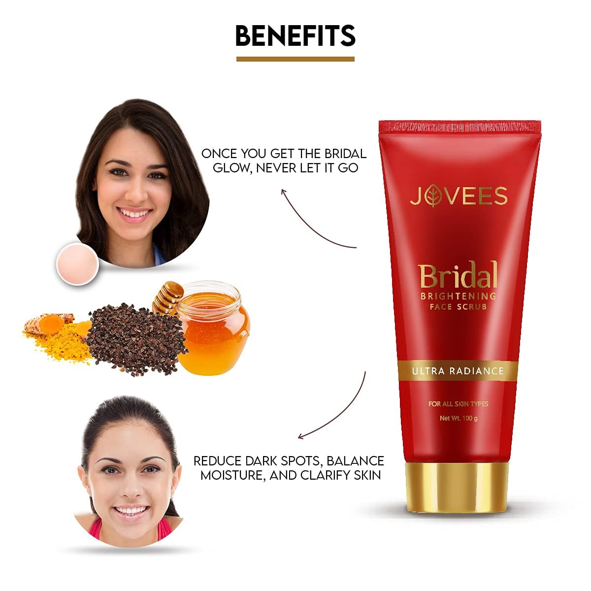 Jovees Bridal Brightening Face Scrub With Turmeric (100gm) Honey & Pearl Millet Flour | Gently Remove | Dead Skin | For Ultra Radiance For All Skin Types