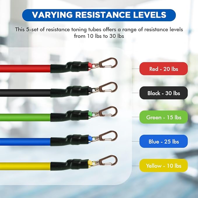 Endless EL1043 Toning Tubes Set of 5 with Different Resistance Levels | Material : Natural Latex | With Door Anchor, Handles, Waterproof Carry Bag, Leg Ankle Straps for Men and Women
