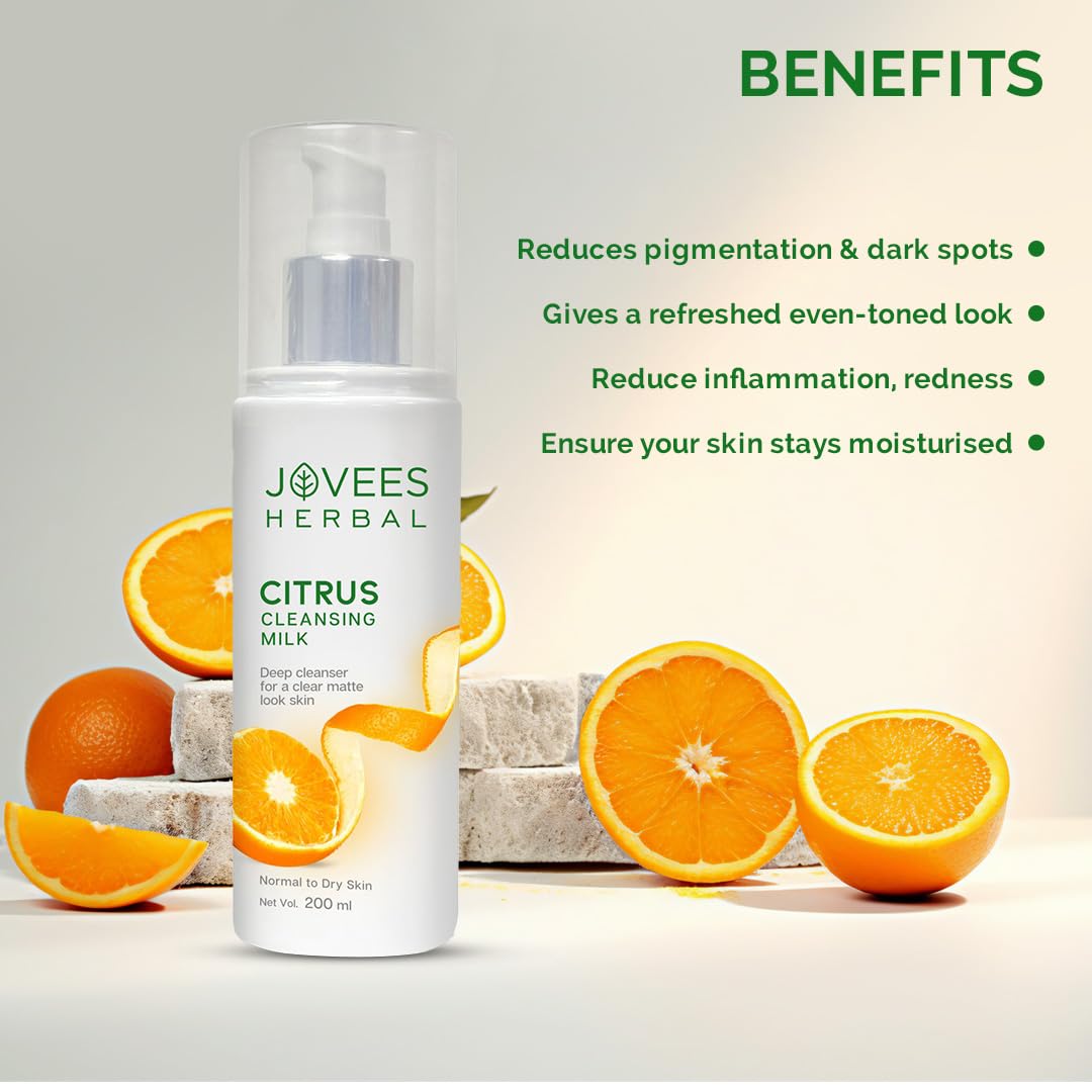 Jovees Herbal Citrus Cleansing Face Wash (200ml) Milk with Lemon Peel Extract, Almond & Coconut Oil | Glowing | Brightening | Refreshing | Lemon Peel & Sunflower Oil | For Normal & Dry Skin
