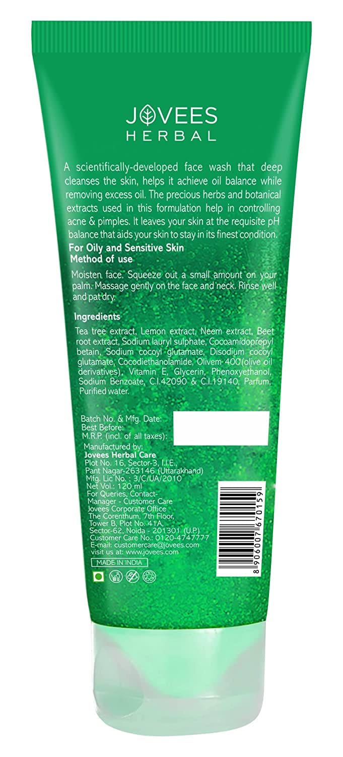 Jovees Tea Tree Oil Control Face Wash for Oily and Sensitive Skin Ayurvedic 120 millilitre