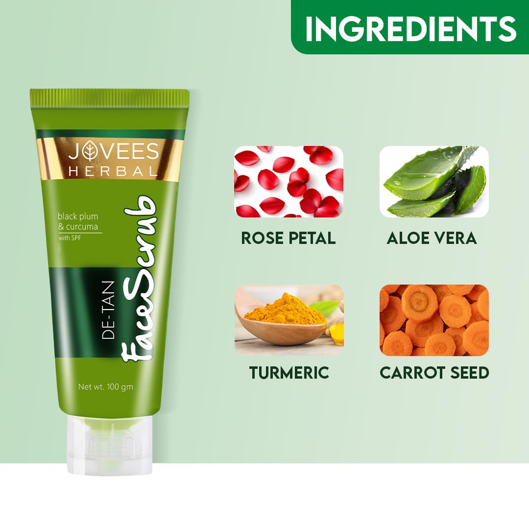 Jovees Detan Face Scrub With SPF (100gm) Contains Turmeric, Aloe Vera, Black Plum Extracts | Gently Removes Dead Skin | Removes Tanning | For All Skin Types