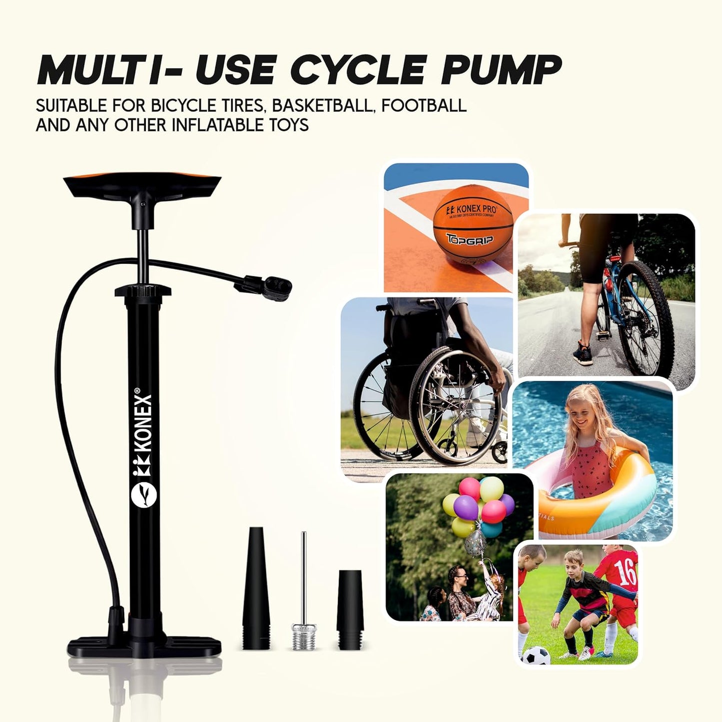 Konex Portable Air Pump with Needle & Dual Valve | Ergonomic Grip with Sturdy Base | Ideal for Inflating Cycle Tyres, Sports Balls, Swimming Rings, Balloons