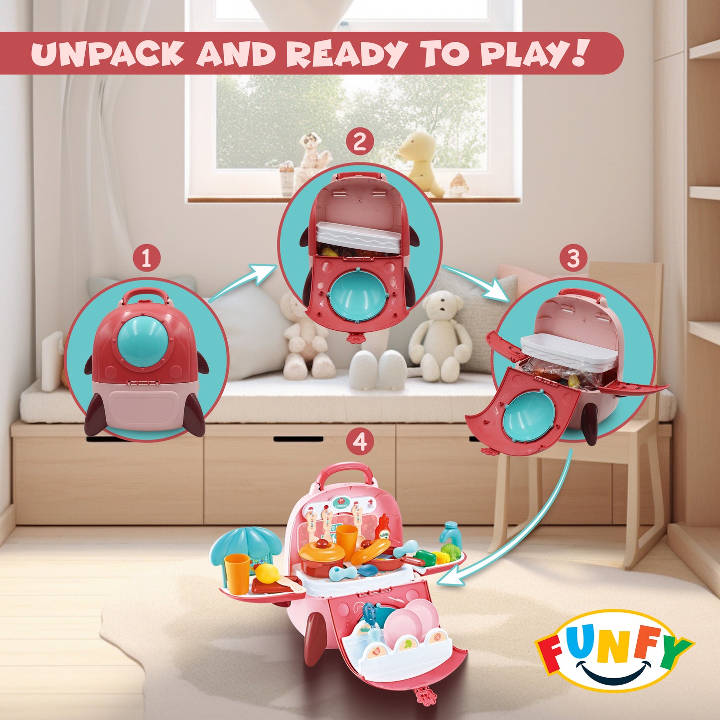 FUNFY 2-in-1 Portable Backpack Toy Kitchen Playset | Multicolor | Material : Plastic | Cooking Utensils, Pots, Fruits And Vegetables | Skill-Building | Role Playing Game | For Kids