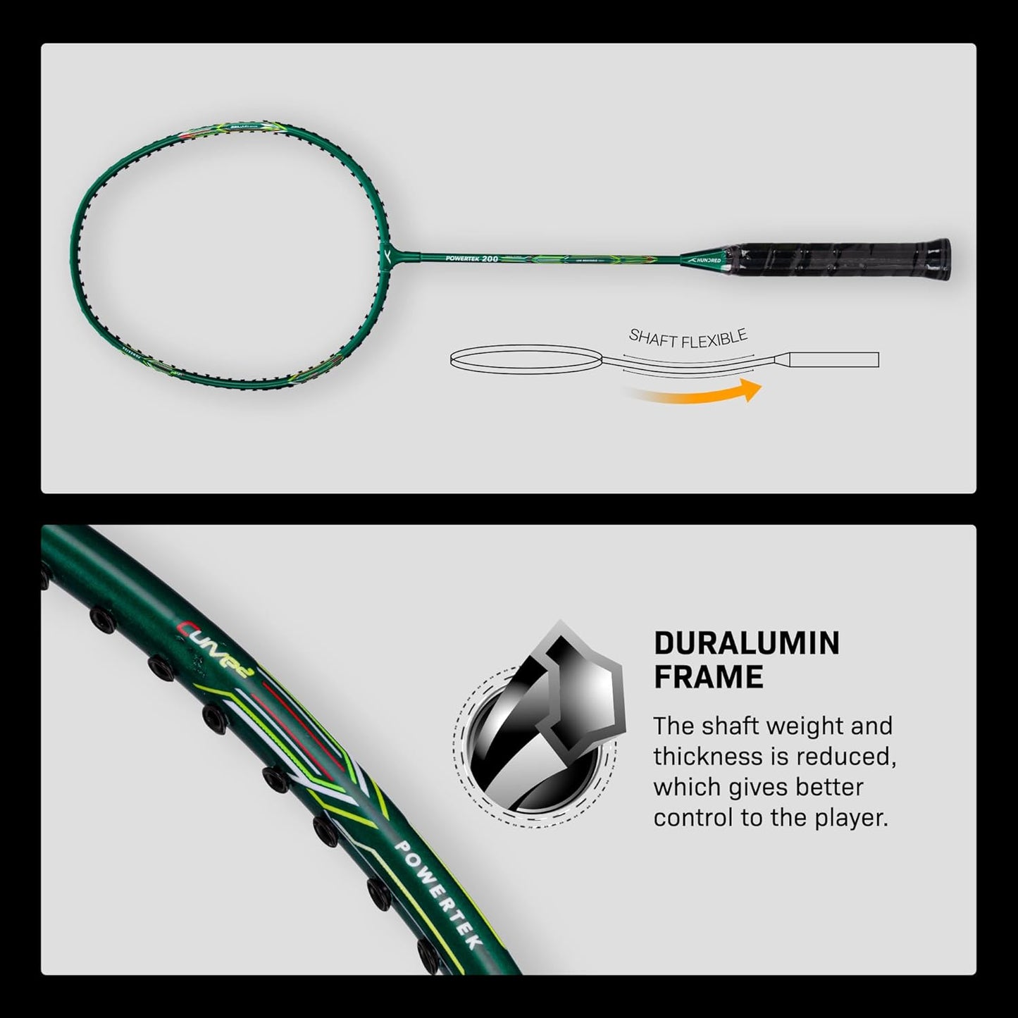 HUNDRED Powertek 200 PRO Strung Badminton Racquet with Head Cover | Material: Aluminium | Intermediate Level | Weight: 95gm | Maximum String Tension- 18-20lbs