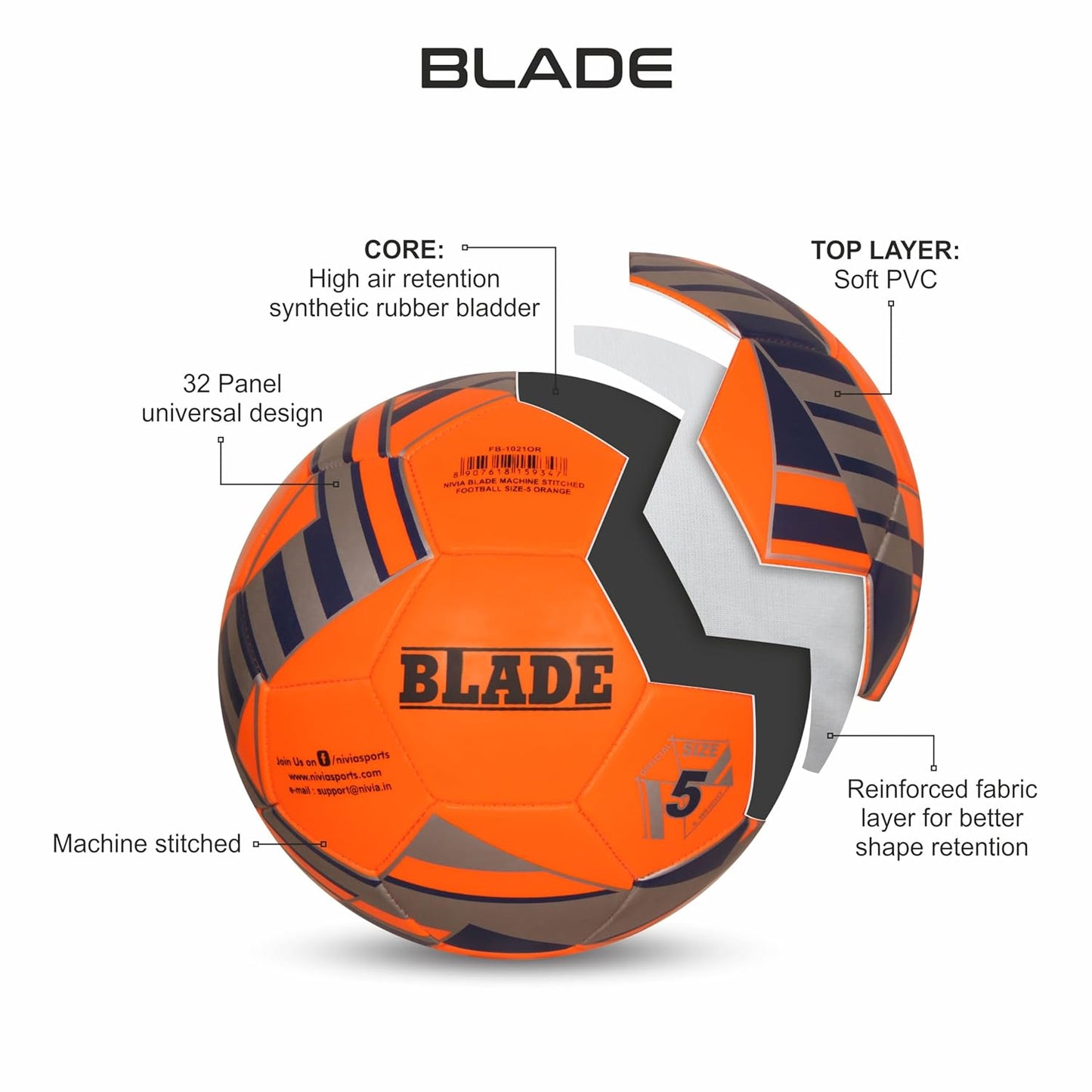 Nivia Blade Size 3 Football - Orange/PVC Outer | Machine Stitched | Durable Training Ball | Ideal for Matches | Soccer Gear