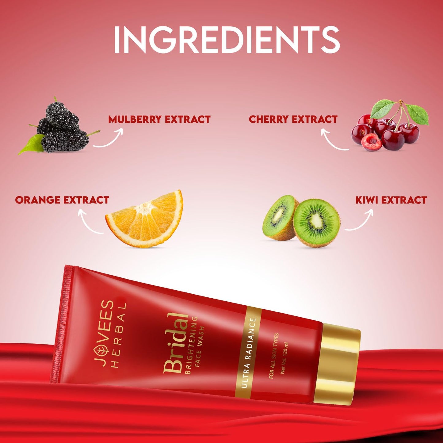 Jovees Bridal Brightening Face Wash (120ml) Ultra Radiance | With Cherry, Bearberry & Mulberry Fruit Extracts | For Brightening Skin | Reduces Dark Spot | Improves Skin Texture | For All Skin Types