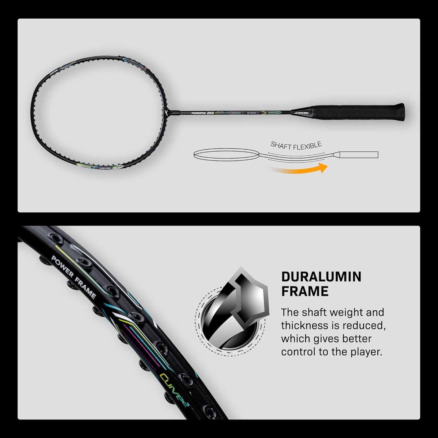 HUNDRED Powertek 200 PRO Strung Badminton Racquet with Head Cover | Material: Aluminium | Intermediate Level | Weight: 95gm | Maximum String Tension- 18-20lbs