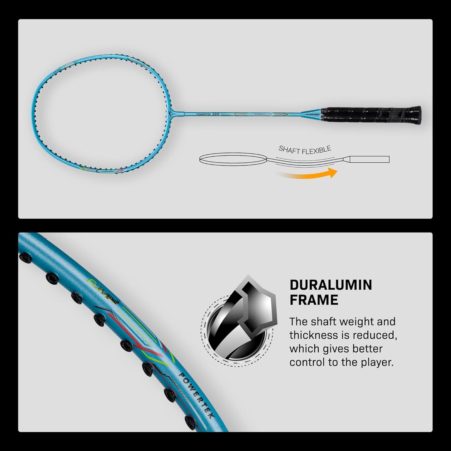 HUNDRED Powertek 200 PRO Strung Badminton Racquet with Head Cover | Material: Aluminium | Intermediate Level | Weight: 95gm | Maximum String Tension- 18-20lbs