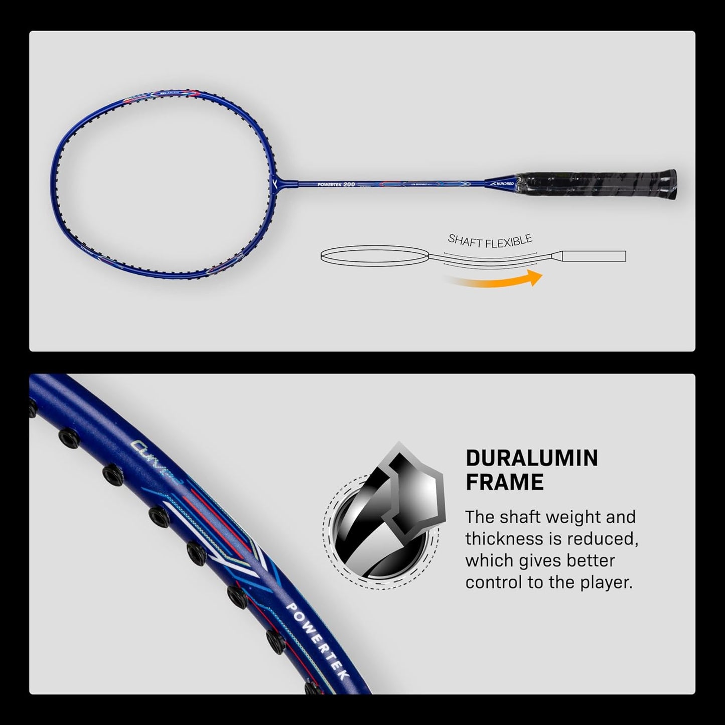 HUNDRED Powertek 200 PRO Strung Badminton Racquet with Head Cover | Material: Aluminium | Intermediate Level | Weight: 95gm | Maximum String Tension- 18-20lbs