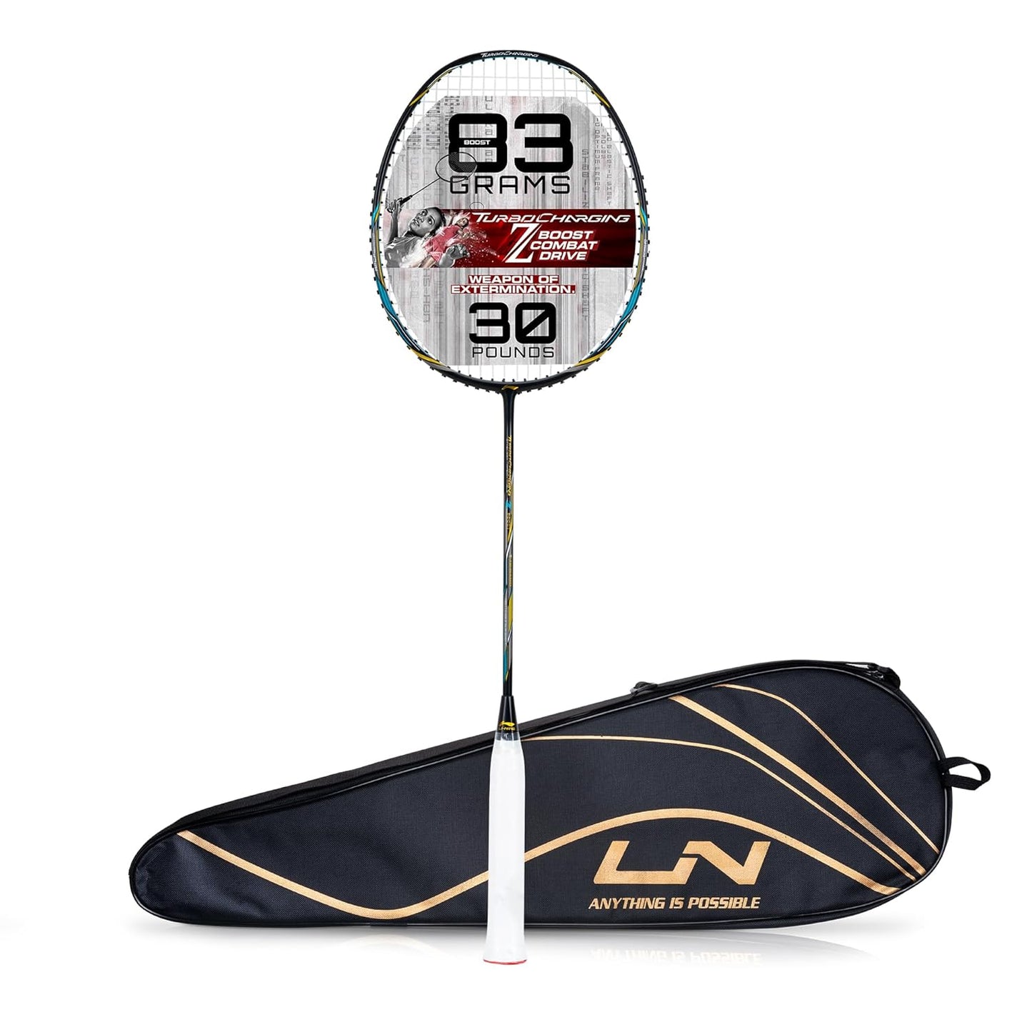 Li-Ning Turbo Charging Z Boost Carbon Fibre Strung Badminton Racquet With Full Cover | Intermediate | Dynamic Optimum Frame | Heavy Head | Maximum String Tension- 30lbs | Size: 83gm