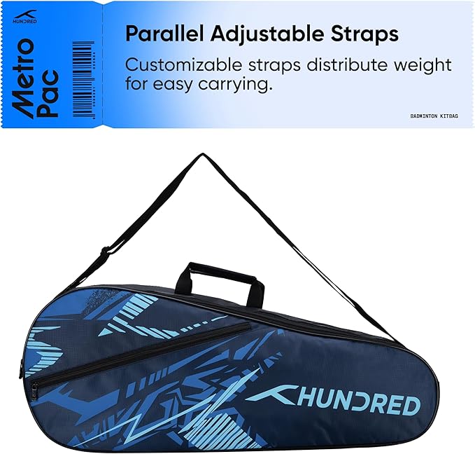 HUNDRED Metro Pack Badminton Kit-Bag (Black/Blue,Navy Large) | Unisex | Material: Polyester | 3 Spacious Compartments | Double Zipper Closure