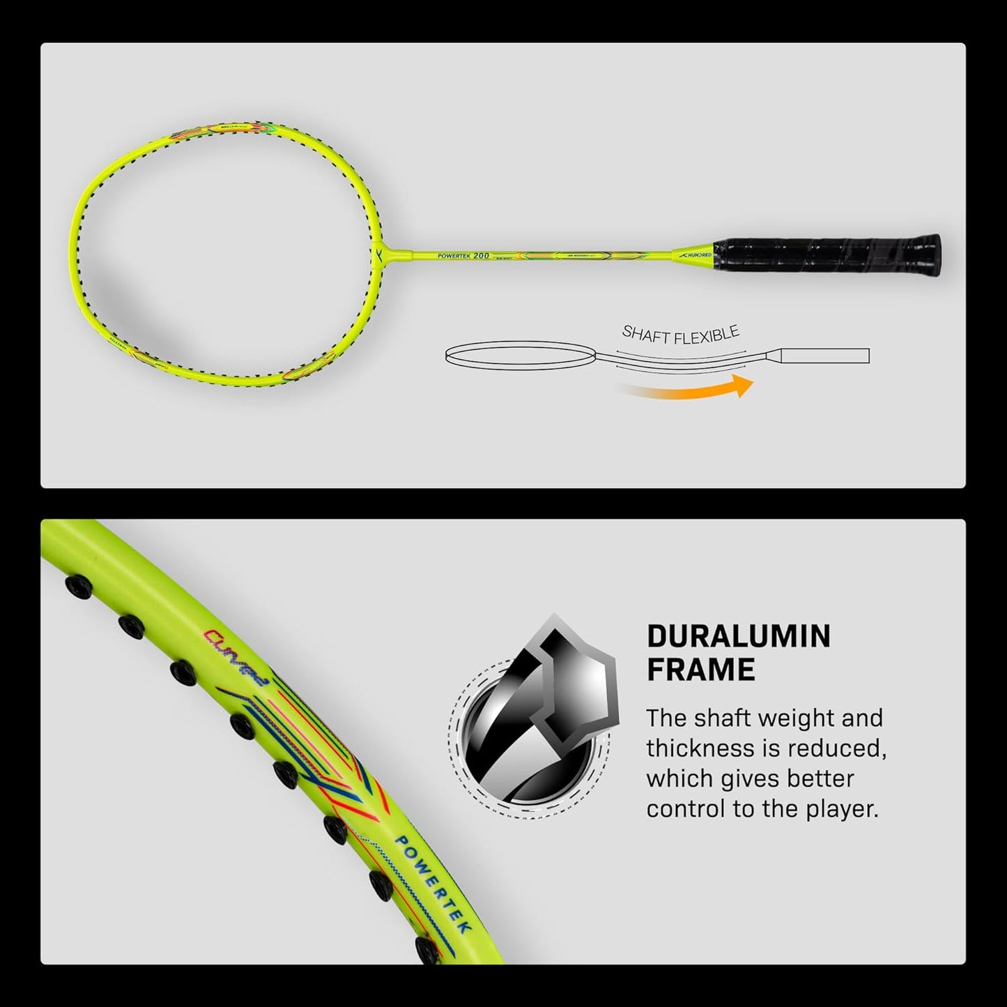HUNDRED Powertek 200 PRO Strung Badminton Racquet with Head Cover | Material: Aluminium | Intermediate Level | Weight: 95gm | Maximum String Tension- 18-20lbs