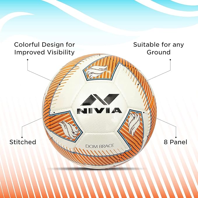 Nivia DOM02 Brace PU Football (Orange, Size 5) | Machine Stitched | 32 Panel | Hobby Playing Ball | Soccer Ball