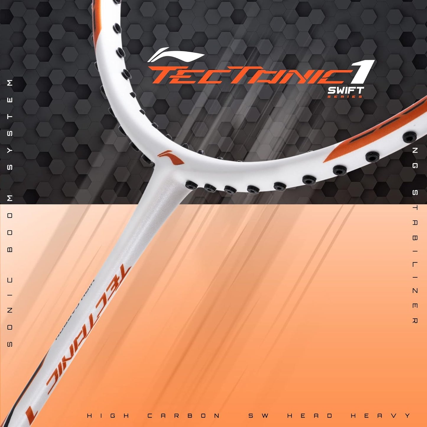Li-Ning Tectonic 1S Carbon Fibre Strung Badmiton Racket with Full Cover | For Professional | Havey Head | Dynamic Optimum Frame | Maximum String Tension- 26lbs