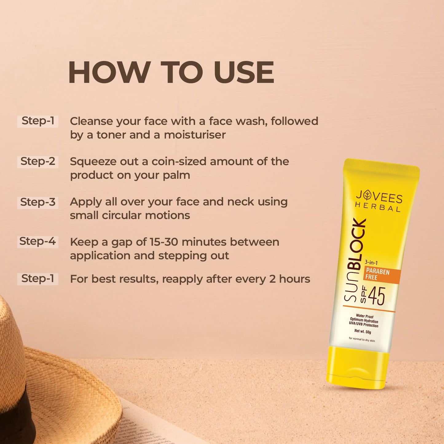 Jovees Herbal Sun Block Sunscreen SPF 45 (20 gms) Lightweight And Water Proof | UVA/UVB Protection, Moisturization | For Dry Skin