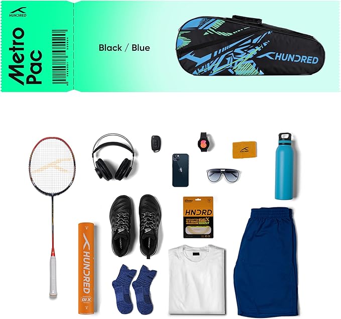 HUNDRED Metro Pack Badminton Kit-Bag (Black/Blue,Navy Large) | Unisex | Material: Polyester | 3 Spacious Compartments | Double Zipper Closure