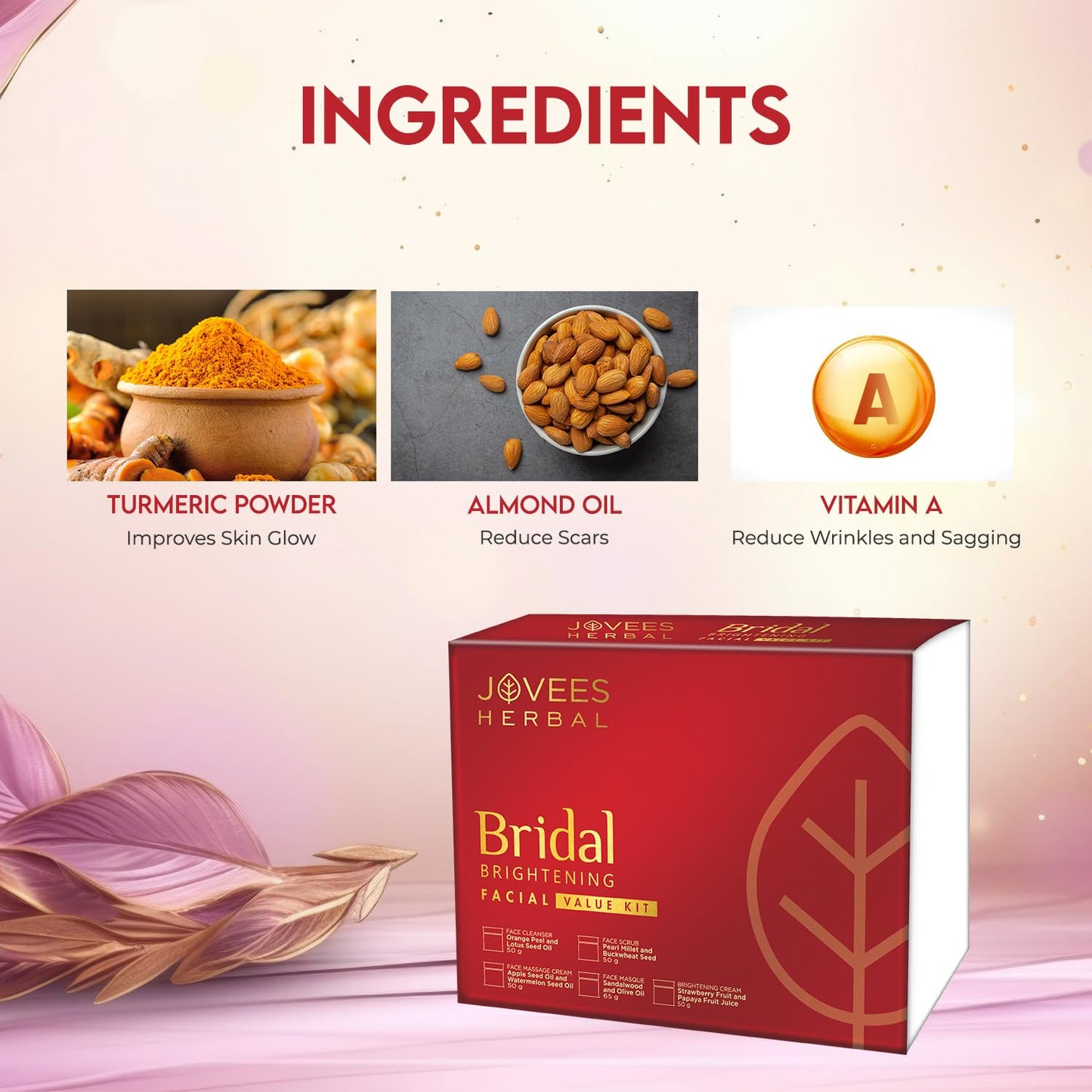 Jovees Bridal Kit (265gm) with 5 Essentials - Brightening Face Cleanser, Brightening Face Scrub, Brightening Face Massage Cream, Bridal Brightening Face Masque, Brightening Face Cream | Improves Skin