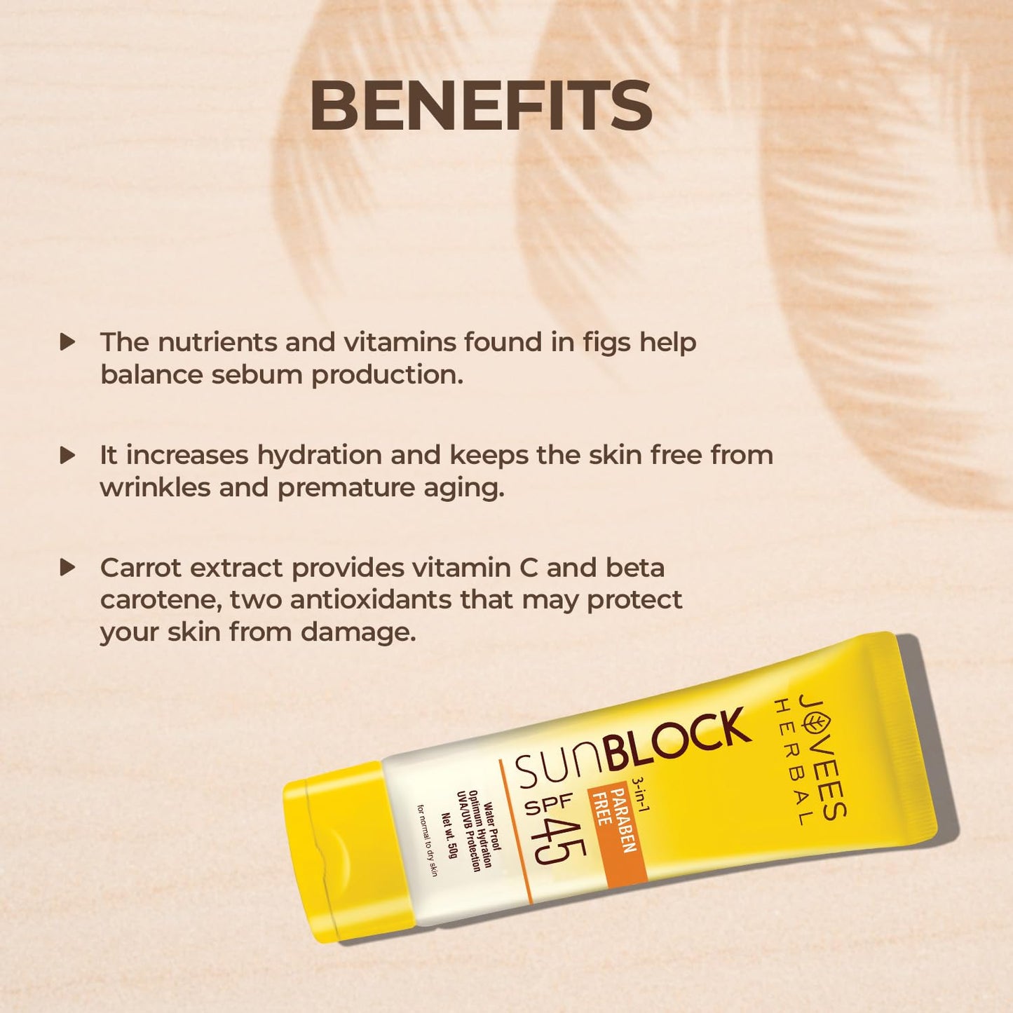 Jovees Herbal Sun Block Sunscreen SPF 45 (20 gms) Lightweight And Water Proof | UVA/UVB Protection, Moisturization | For Dry Skin
